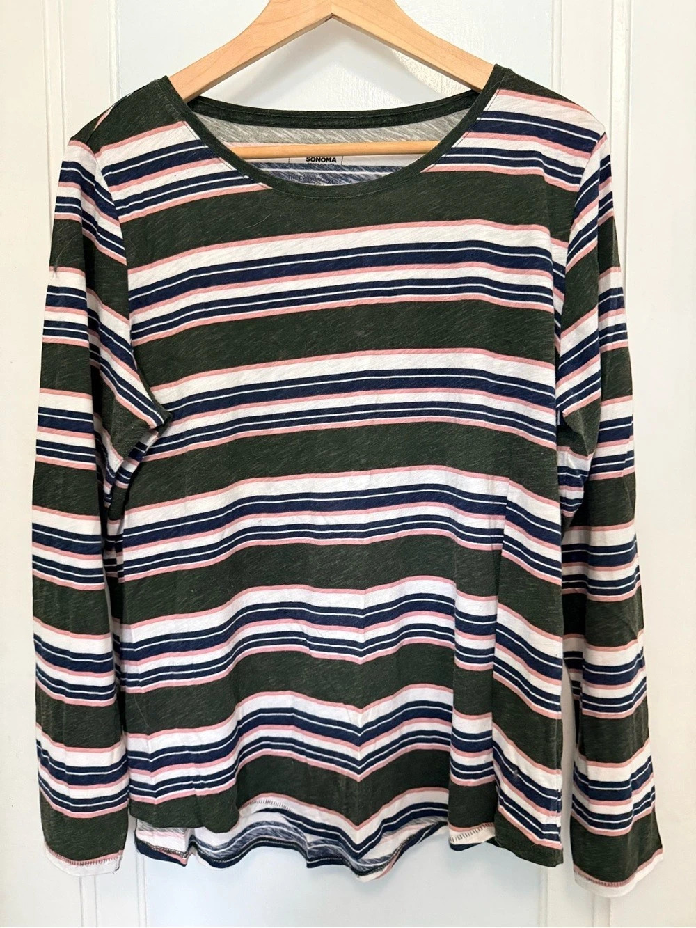 SONOMA The Everyday Tee Striped Long Sleeve Tee in Green & Pink XL